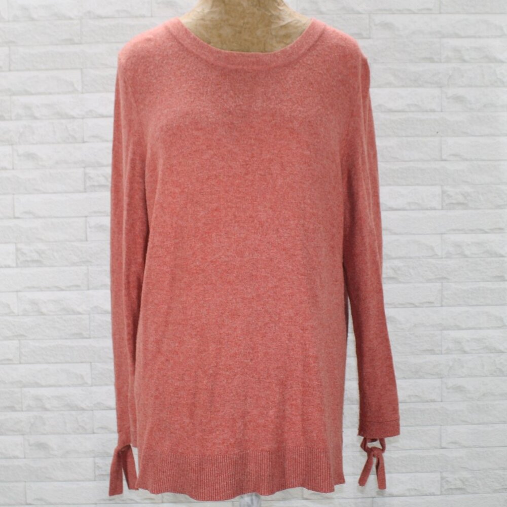 LOFT Sweater Oversized Wool Blend Tunic Tie Sleeve Heather Red Salmon Soft Large